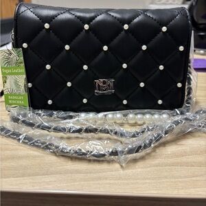 Badgley Mischka Black Quilted Crossbody Bag with Pearl Accents